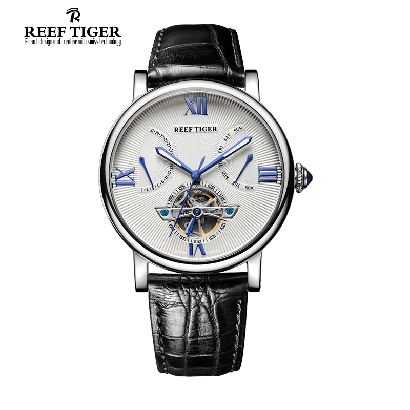 Мужские водонепроницаемые часы Reef Tiger дизайнерские швейцарские из телячьей кожи