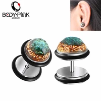 body punk 16g fake ear plugs green gold glitter geometric stainless steel surface stud earrings piercing body jewelry for women