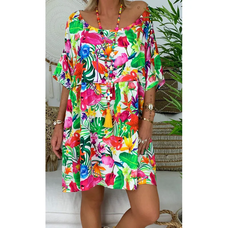 Свободное платье с коротким рукавом 2019 летнее пляжное круглым вырезом Boho женское