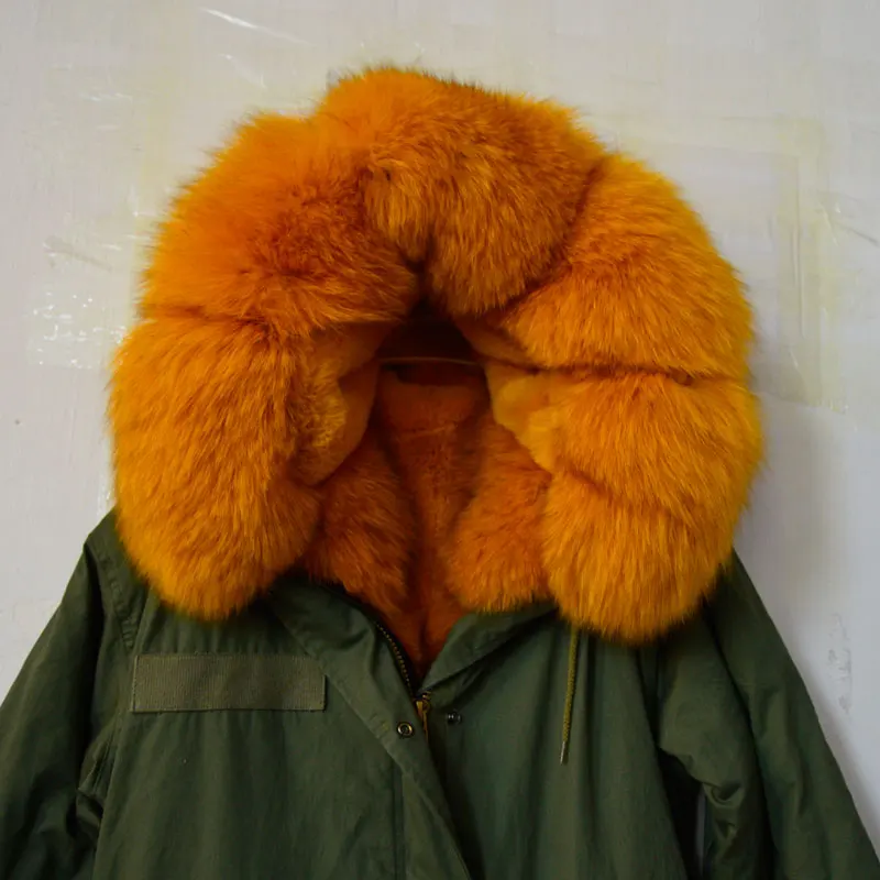 Модная парка с капюшоном и воротником из желтого лисьего меха Длинная зимняя