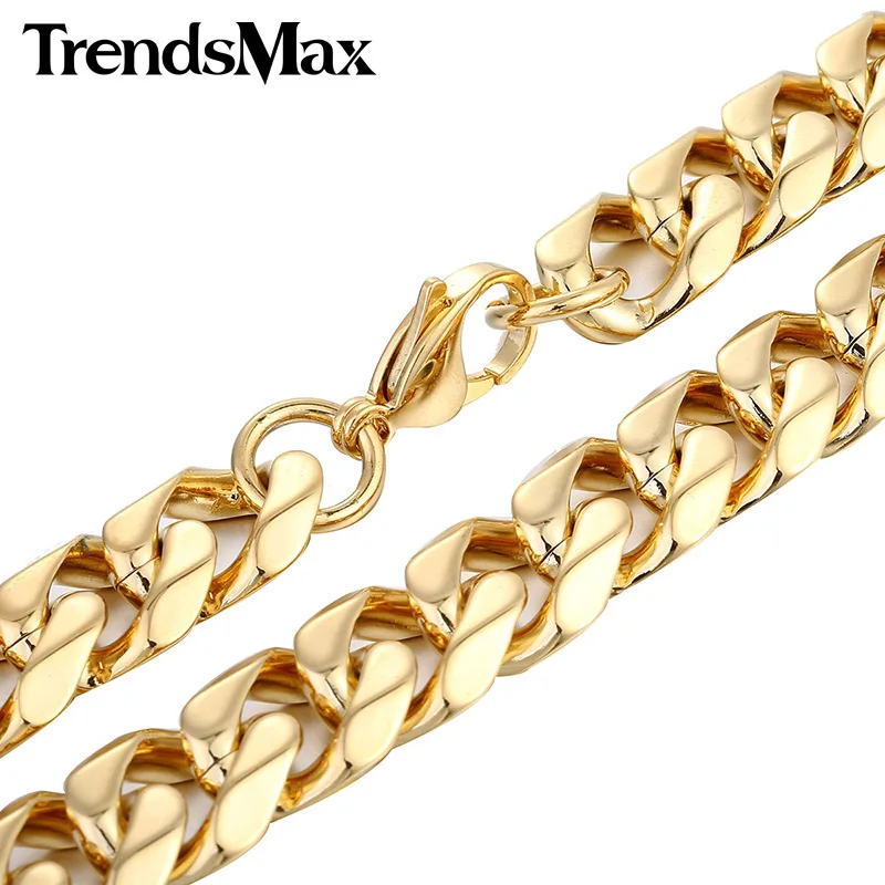 Trendsmax 15 мм широкий бордюр кубинское звено золотого цвета из нержавеющей стали ожерелье Мужская цепочка