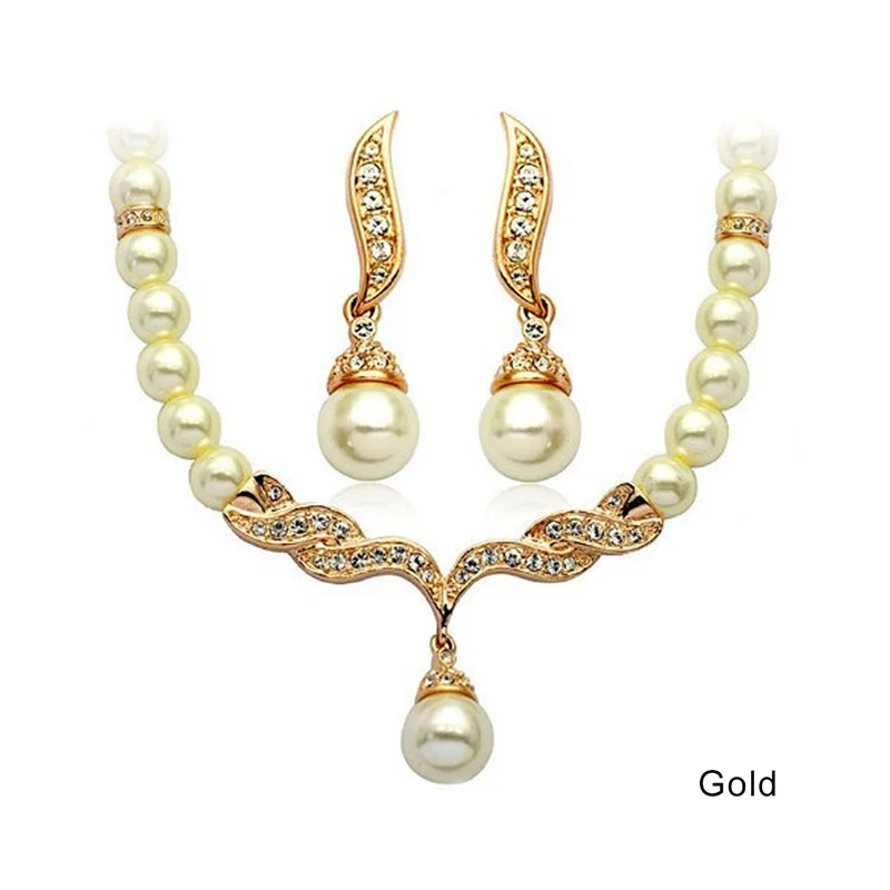 Gold Модные стразы, серьги, Свадебный ободок с жемчужинами, кристалл, креативный золотой цвет, ожерелье, 1 парные драгоценности, набор для женщин, женщин - Окраска металла: Gold