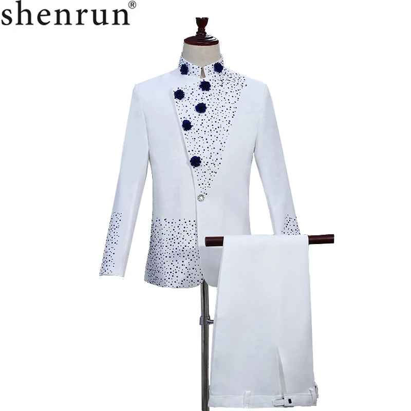 Shenrun 18th Century White Men's Retro Suits Blue Diamond Stylish Suit Jacket Blazer White Pants Costumes Weddding Party Prom