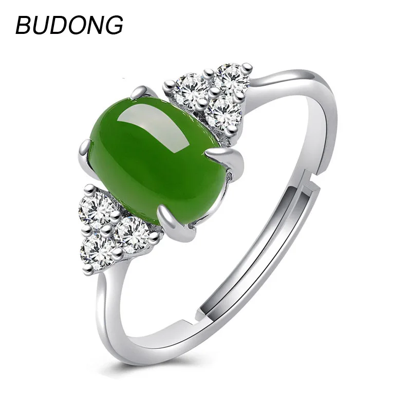 BUDONG Adjustable Oval Natural Nephrite Jade Jasper Band Fine Jewelry for Women Triangle Certificated 925 Sterling Silver Ring | Украшения
