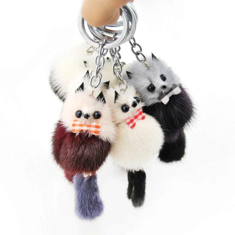 

Cute Fluffy Raccoon Key Chain Women Bag Charms Genuine Mink Fur Pompom Bear Key Ring Pompon Toy Plush Doll Car Key Holder Gift
