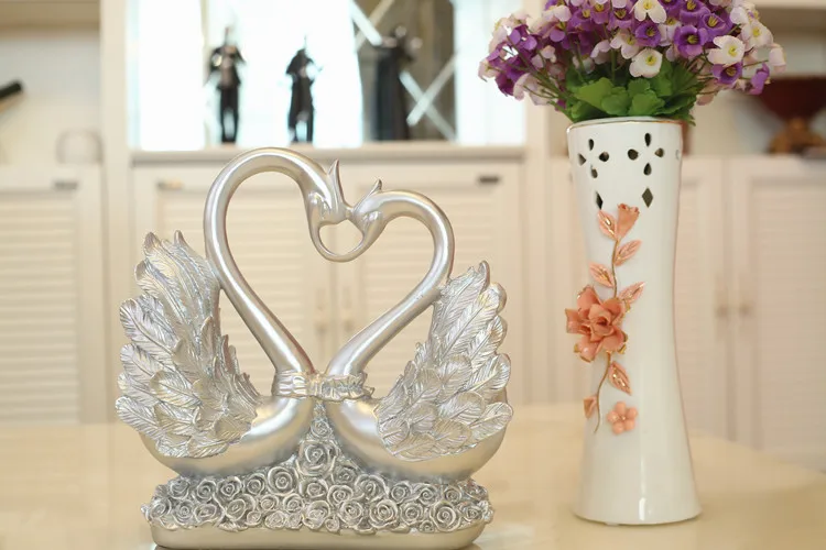 

European-style silver plated swan 25x10x26cm artcraft resin couples swans ornaments,furnishings wedding decoration gift a2299