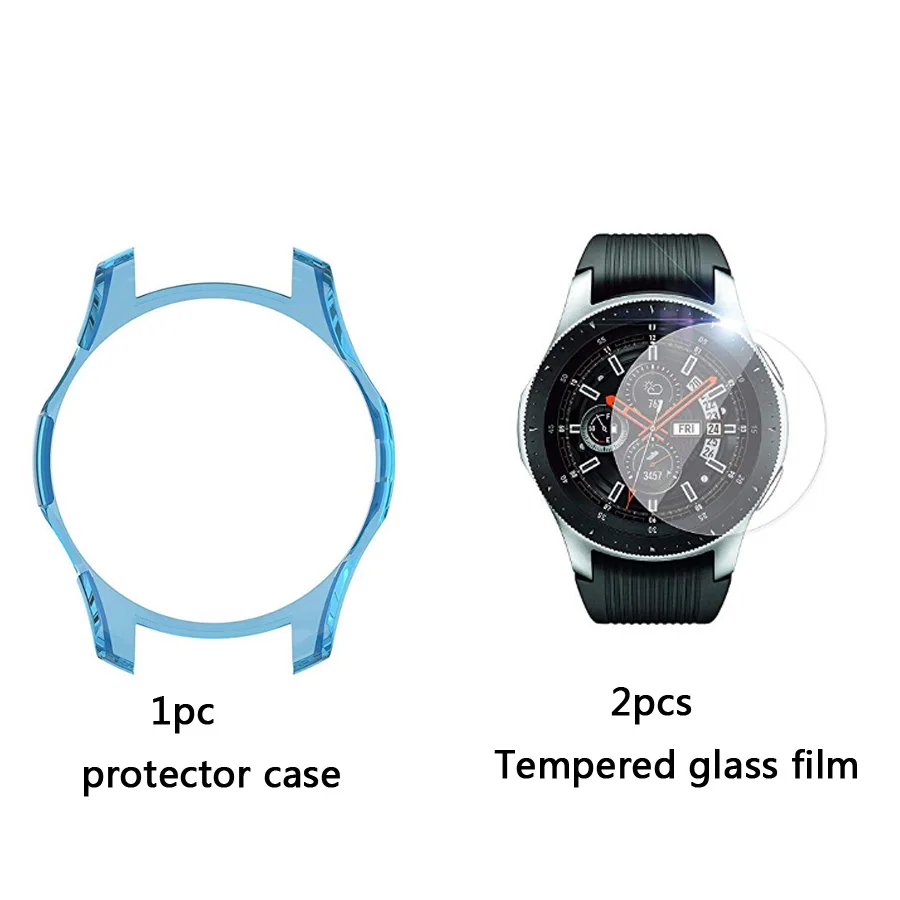 Blue case 4в1 силиконовый ремешок для часов+ защитный чехол+ Закаленное стекло пленка для samsung galaxy Watch 42 46 мм ремешок для часов защитный чехол стеклянная пленка - Цвет: Blue case