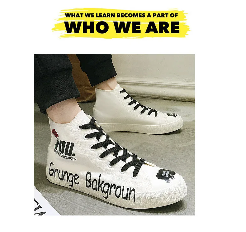 Ulzzang/мужская повседневная обувь; модные кроссовки в стиле хип-хоп на шнуровке; мужские высокие кеды; цвет желтый, белый; черные парусиновые туфли с надписями и граффити