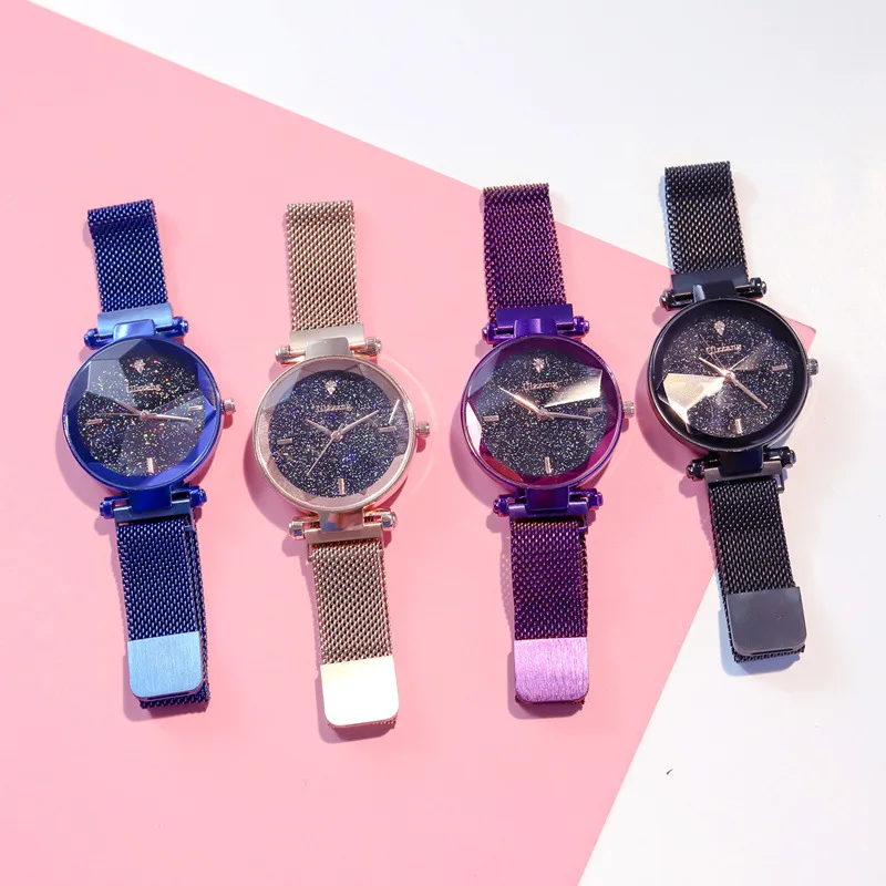 

Designer starry sky ladies wristwatches elegant women fashion quartz watch stainless steel mesh strap magnet buckle female clock