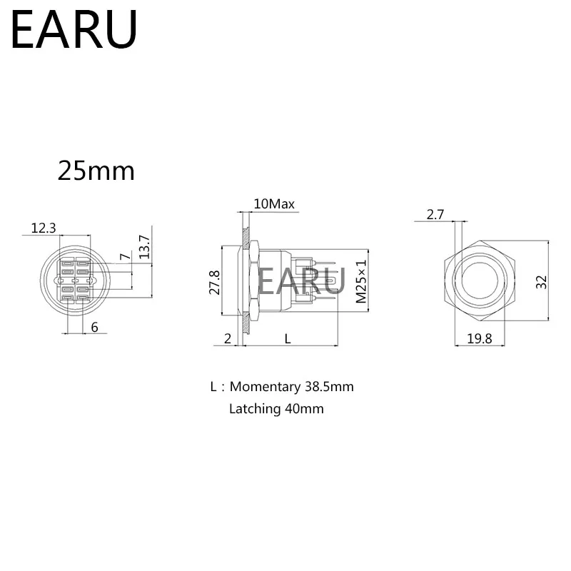 Металлический кнопочный переключатель из нержавеющей стали 25 мм светодиодная