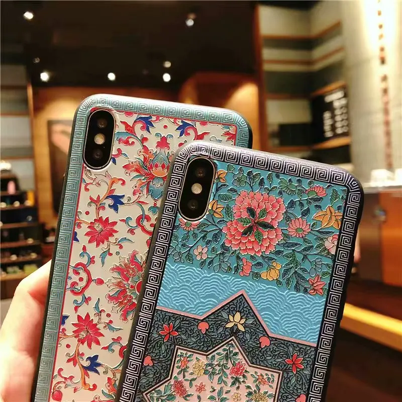 For iPhone XS Max Case XR Chinese embroidery craft Tassel Phone 6 7 8 Plus 3D Relief Flower Soft Cover |