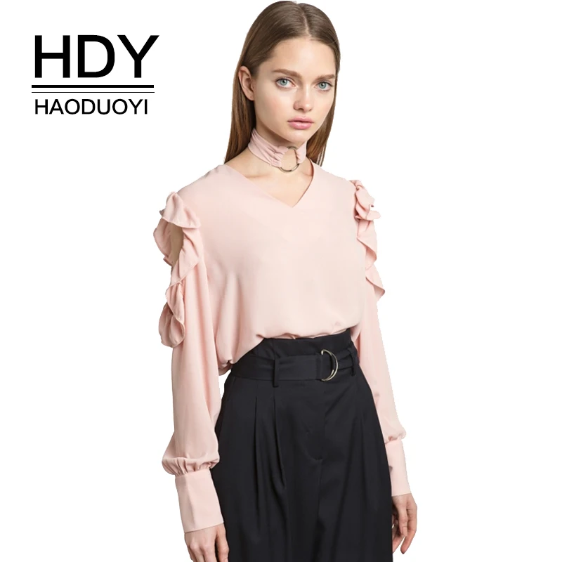 HDY Haoduoyi Для женщин Сладкий рюшами жабо Cold Shoulder Top Chocker круглым вырезом Шифоновая