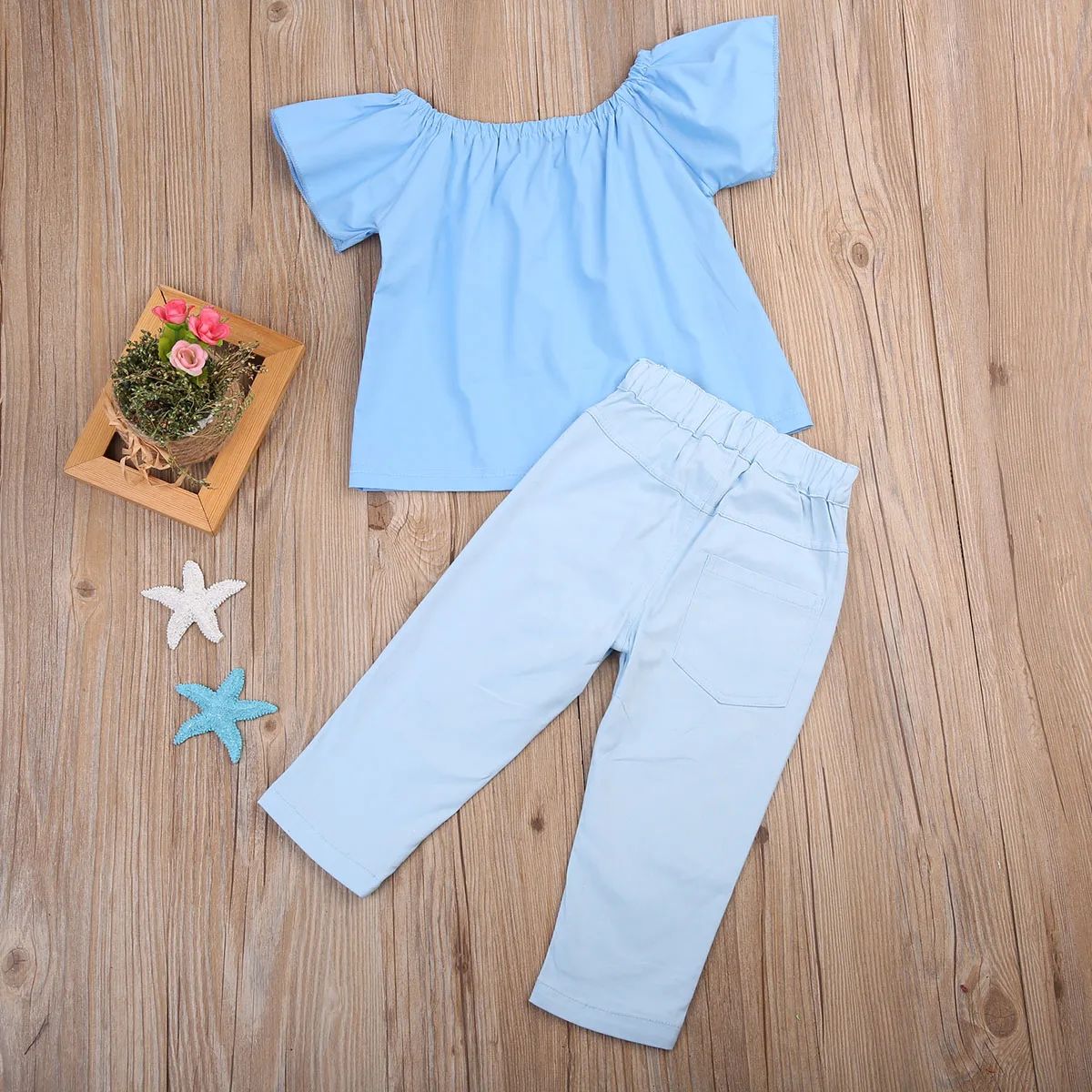 Одежда для маленьких девочек Футболка с открытыми плечами Топы + длинные штаны