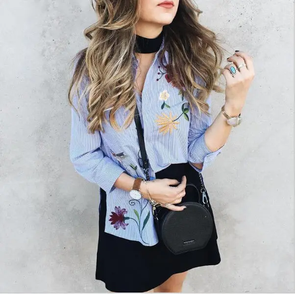 Модная женская блузка с вышивкой Свободная длинным рукавом Лето 2017 Повседневная