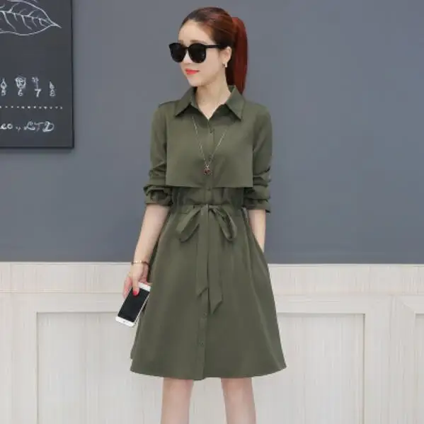 Army Green Высокое качество, модная Осенняя Женская Длинная ветровка, пальто, повседневное, на завязках, с длинным рукавом, весенний женский плащ, Тренч - Цвет: Army Green