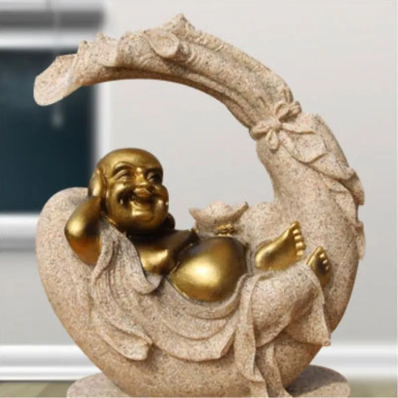 

Happy Wealth Buddha Maitreya Statue Ornament Good Luck Sculpture Sandstone Crafts Resin Home Decor Accessories