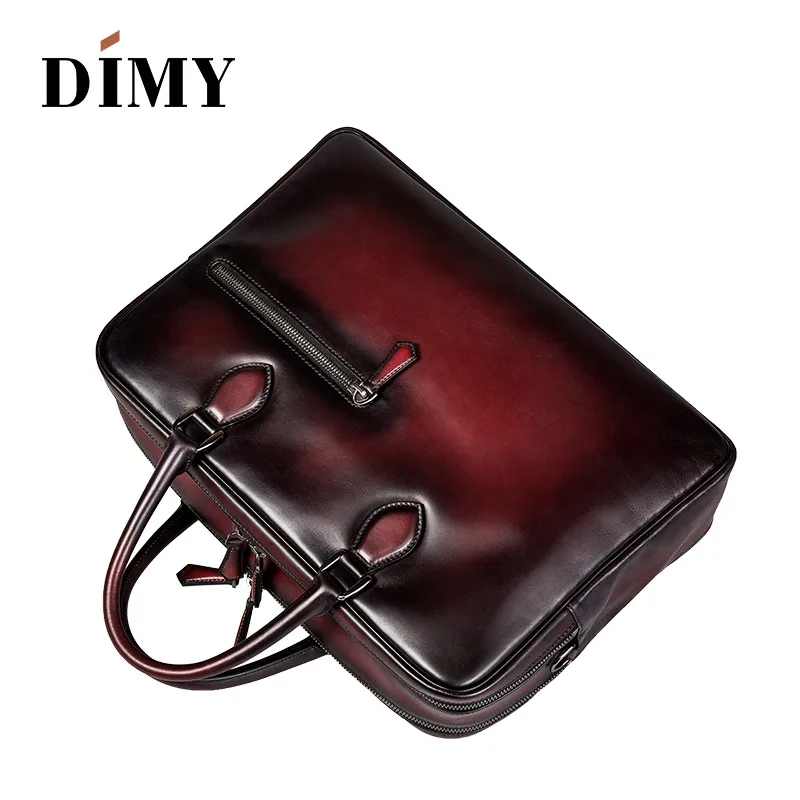 DIMY Hand Patina Vintage Briefcase Genuine Cow Leather Shoulder Bag Double Zipper Laptop Bags Business Case Travel Bag For Men