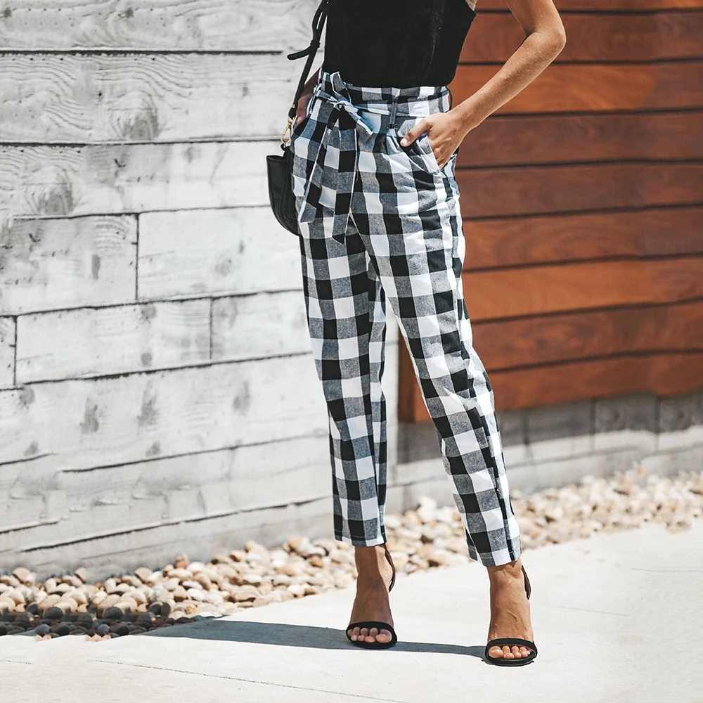High Quality Women Fashion Autumn Plaid Waist Pants Ankle-Length Elegant Office Ladies Trousers Female | Женская одежда