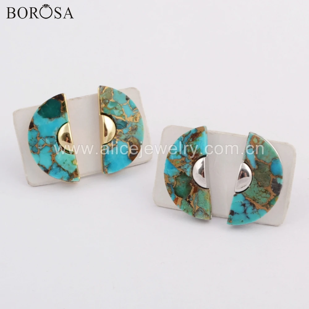 

BOROSA 5Pairs Crescent Gold/Silver Plated Copper Turquoises Stud Earrings Semicircle Gems Stone Earrings Jewelry ZG0397