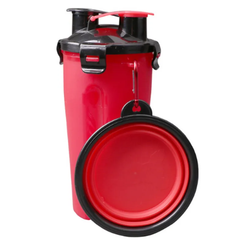 ULTRASOUND PET Food Water Bottle with Bowl Dual Chambered Storage Container with Collapsible Dog Pet Cup Pet Snake Feeders - Цвет: red set