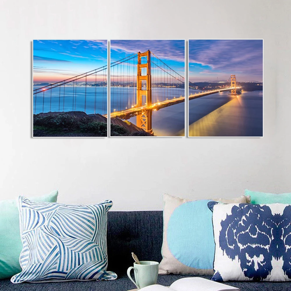 

Laeacco 3 Panel Posters Prints the Golden Gate Bridge of San Francisco Wall Artwork Canvas Calligraphy Painting Home Decoration
