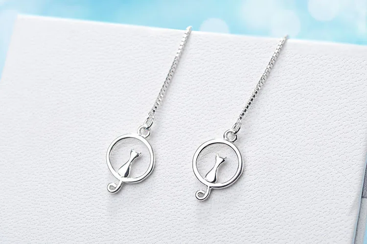 Классические серьги из серебра 925 пробы с лунным котом длинные висячие