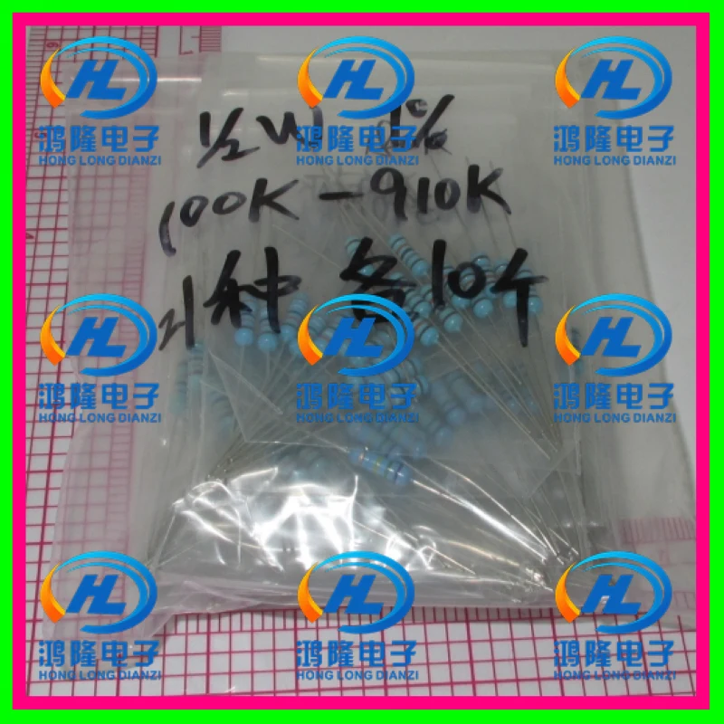 

210PCS/lot 1/2W 21values each values 10pcs 100K~910K Metal Film Resistor Kit Resistor Pack 0.5W 1% samples psck Assorted Kit