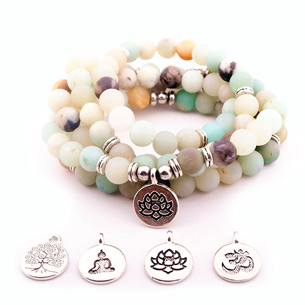 Женский браслет матовые бусины из амазонита с Lotus Ом Будда Шарм Йога 108 Мала