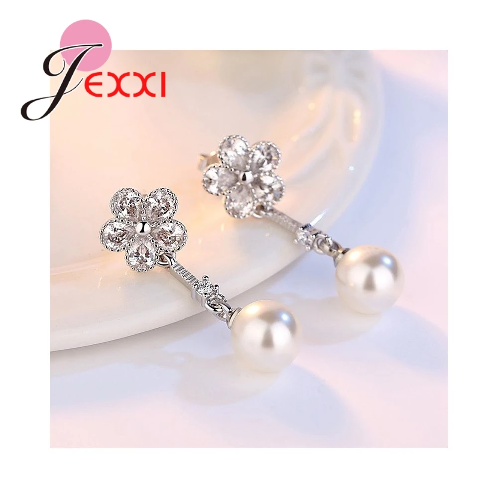 

Hot Sell Classic Style Pearl eardrops Beautful Crystal Flower Design 925 Sterling Silver Accessories Ladies Female Gifts