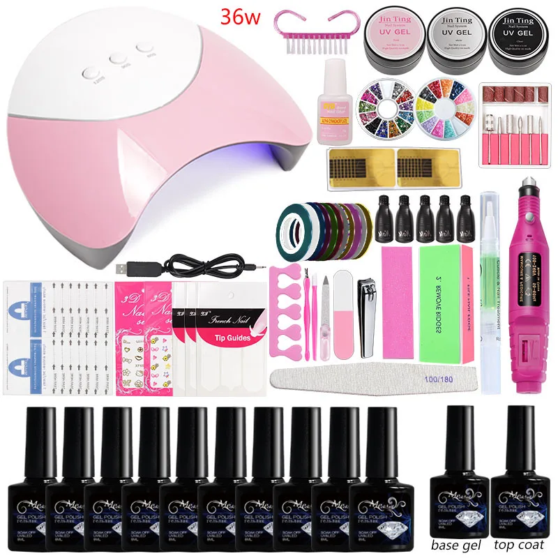 36w lamp set 10 gel Акрил комплекты набор для маникюра наращивая ногтей на выбор, 10 цветов, набор для ногтей, Профессиональный гель для полировки ногтей, 36 Вт/48 Вт/80 Вт, светодиодная лампа для ногтей маникюрный набор для ногтей - Цвет: 36w lamp set 10 gel