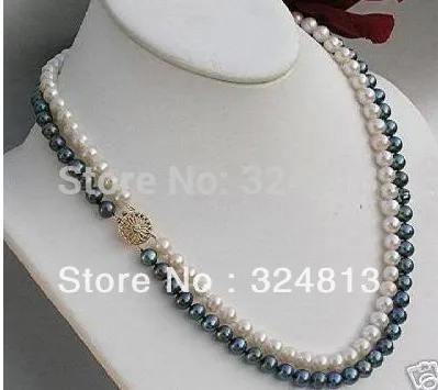 

Jewelry real 2rows 7-8mm black white pearl necklace #1043