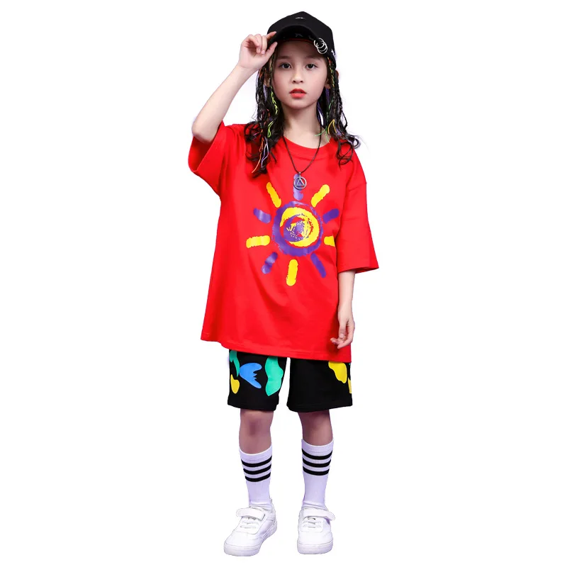 

Girls Boys Loose Ballroom Jazz Hip Hop Dance Competition Costume Pattern Sun Short Sleeved Shirt Pants Kids Dancing Clothing