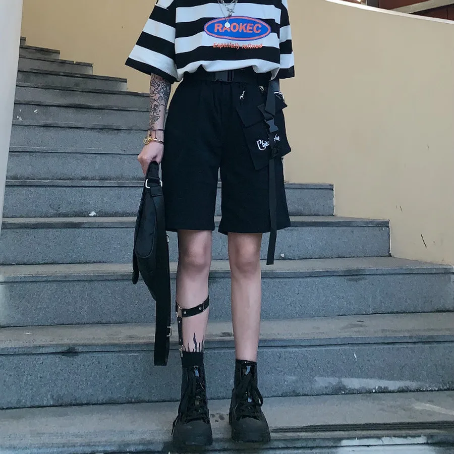 Летняя Корейская версия Ulzzang Harajuku уличные ретро комбинезоны с большими карманами повседневные свободные шорты с высокой талией уличный стиль черный