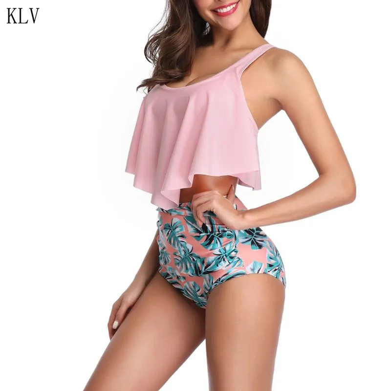Womens Plus Size Bikini Set Ruffles Flounce Boho Floral Printing Crop Top High Waist Pleated Bottoms Thong Swimsuit Bathing Suit |