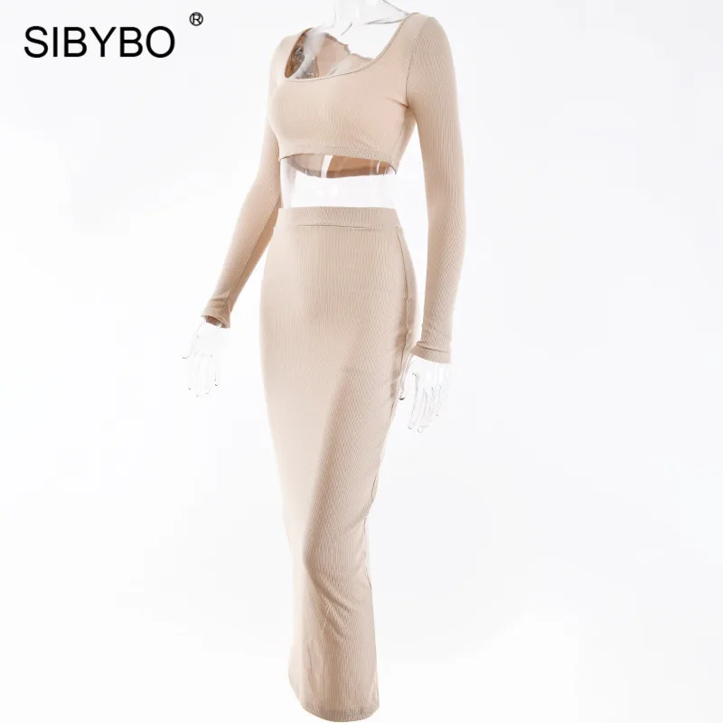 Sibybo, Ребристое, с длинным рукавом, сексуальное, из двух частей, платье, квадратный воротник, высокая талия, повседневное, облегающее, одноцветное, Клубные, вечерние, женское платье