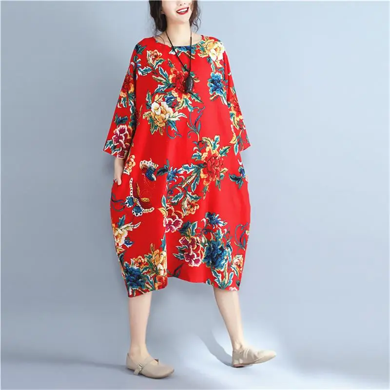 Женское свободное платье с цветочным принтом винтажное льняное большого размера