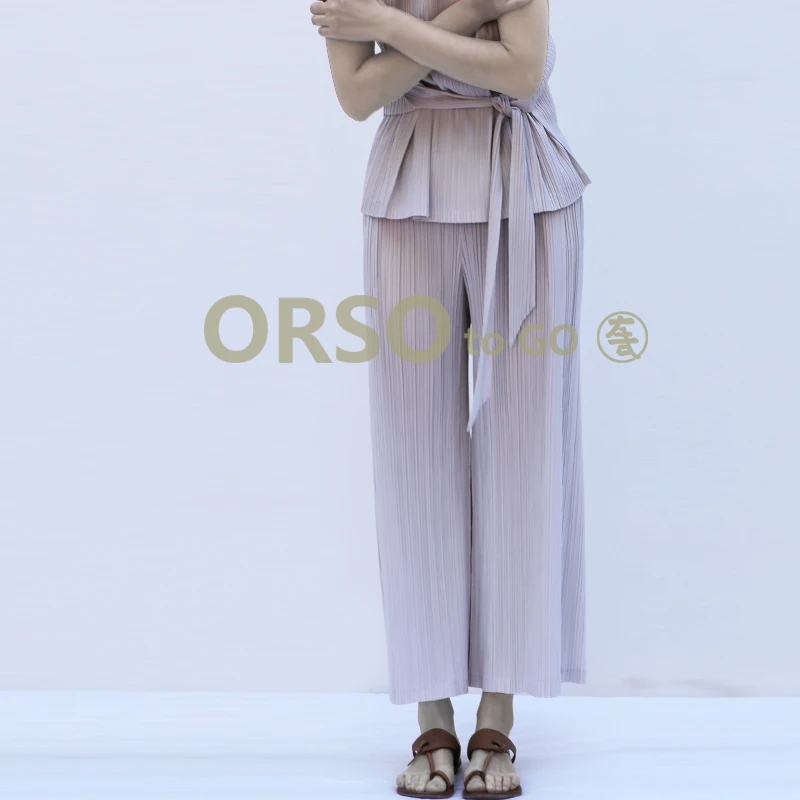 Grayish white Changpleat Новинка весны прямые высокая талия для женщин брюки для девочек miяк плиссированные модные дизайн большой размеры свободные - Цвет: Grayish white