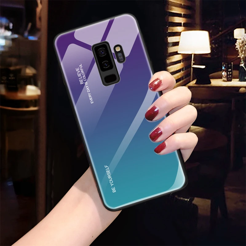 Gradient Case For Samsung Galaxy A7 J8 J6 J4 A6 A8 plus A8+ 2018 Luxury Slim Fit Glossy Tempered Glass Silicone Frame Hard Cover |