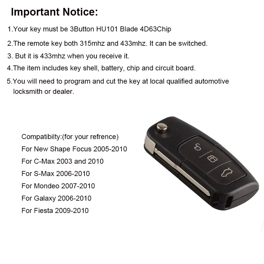 3 кнопки 433 МГц Ключ без ключа для Ford Car Mondeo Focus Fiesta C Max S Galaxy 4D63 или 4D60 чип HU101 Blade|ford