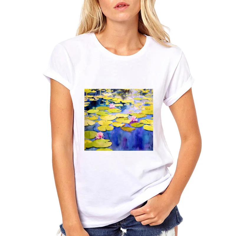 Винтажная женская футболка с масляной росписью Monet новая летняя модная круглым