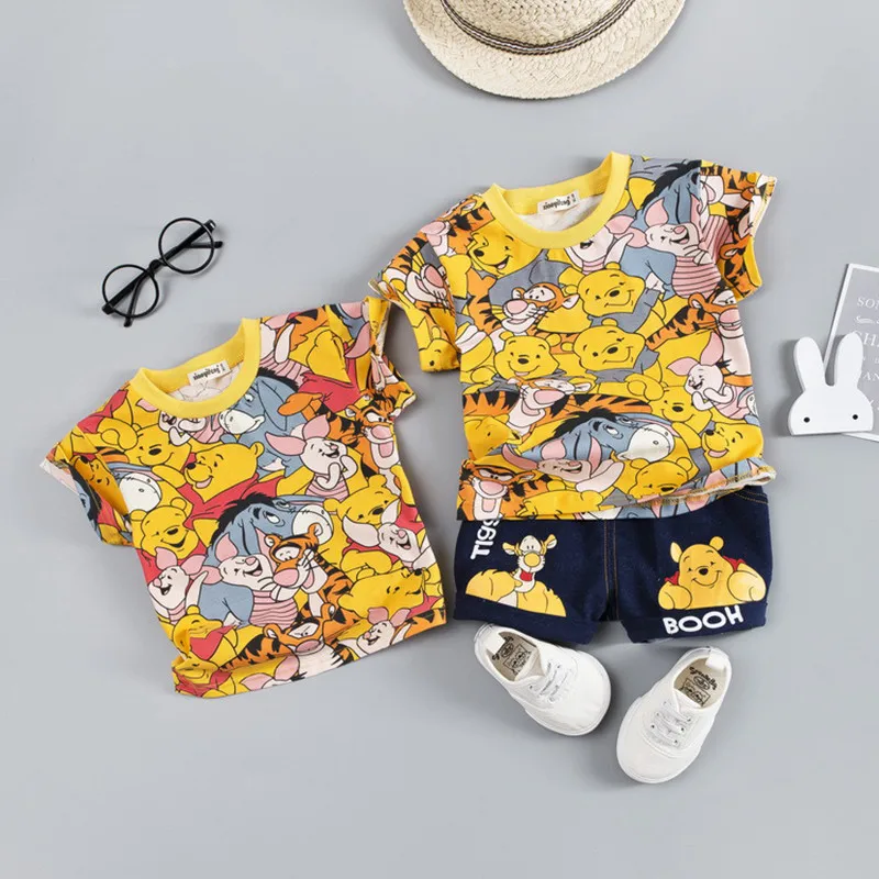 Summer Short sleeve baby printed cartoon casualset girl and boy o-neck Baby's Sets 6-24 month Cotton Suits clothes | Детская одежда