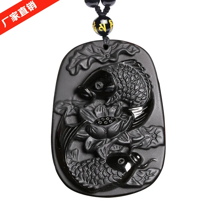 Скульптура черный обсидиан лотос в рыбах кулон для женщин и мужчин модные