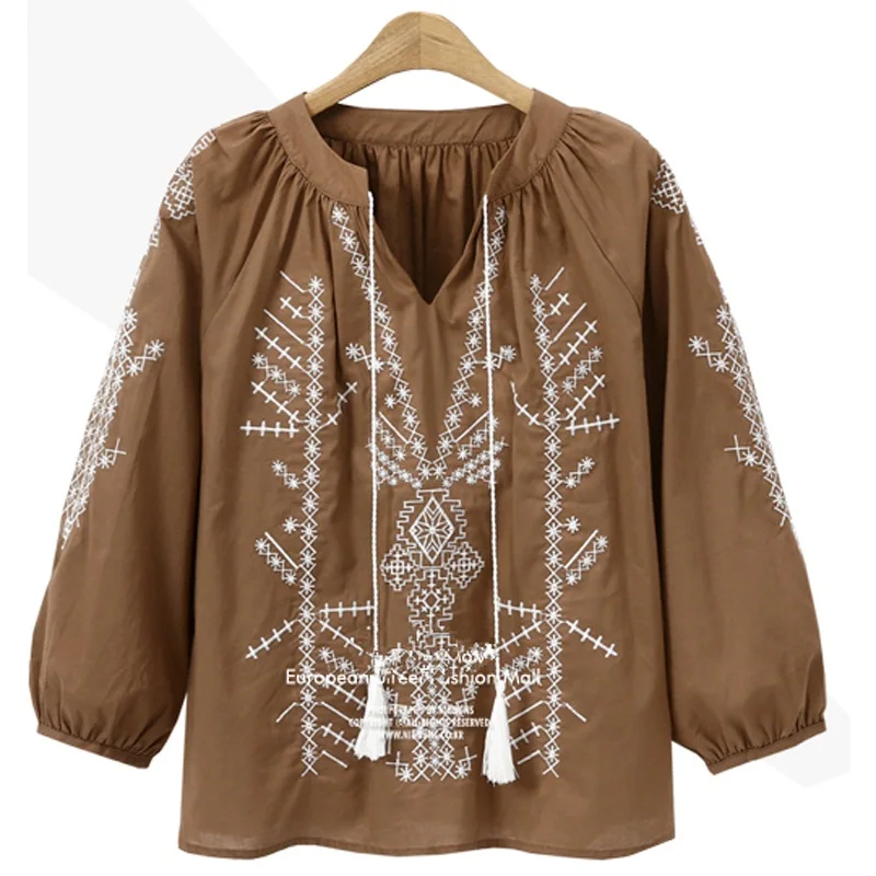 NYFS 20201 Осень женские блузки рубашки с длинным рукавом вышивкой Национальный