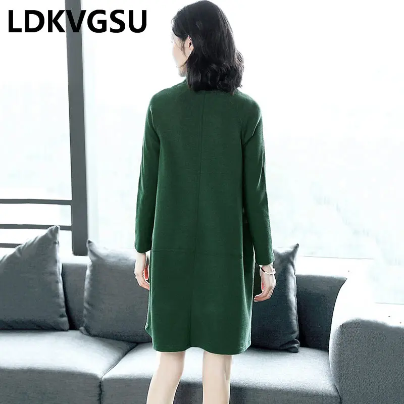 Spring Autumn Dress Female Long Sleeve 2019 New Fashion Temperament Loose Round Neck Large Size Green Knit LQ705 | Женская одежда