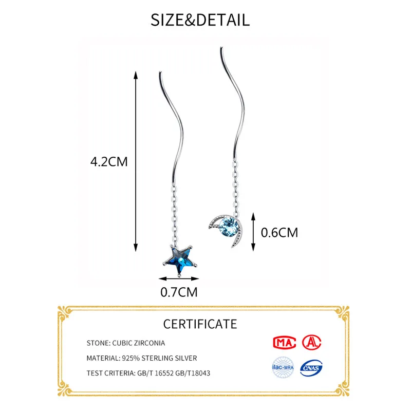INZATT, настоящее 925 пробы, серебряные, звезда, луна, голубой циркон, висячие серьги, асимметричные, короткие, элегантные, с кисточками, для женщин, Beho, хорошее ювелирное изделие