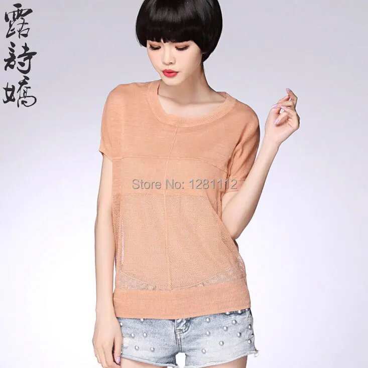 2015 Summer Transparent Sexy Women Tee Model Show Cool Knit Tops Short Sleeve Blouse Round Collar Loose Hollow Out Linen T-Shirt | Женская