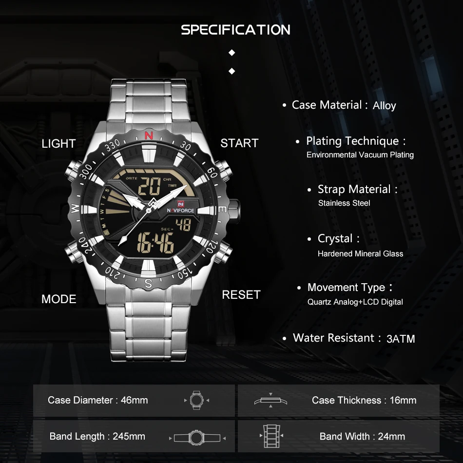 NAVIFORCE, мужские часы, спортивные, хронограф, военные часы, кварцевые часы, аналоговые, водонепроницаемые, цифровые наручные часы, Relogio Masculino, новинка