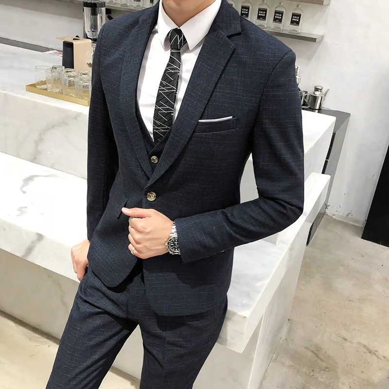 

Men's Slim Fit One Button 3-Piece Dress Suit Blazer Male and Groom's Wedding Suit Young Plaid Professional Suit