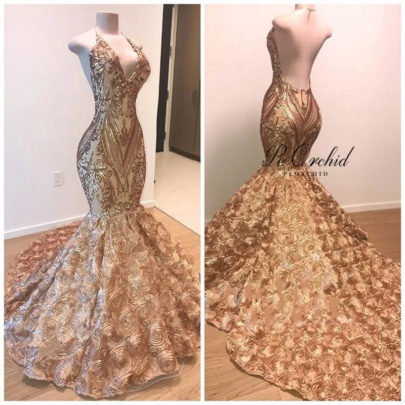 PEORCHID Sparkle Rose Gold Sequin Prom Dresses Backless Halter Sexy Mermaid 3D Floral Evening Gowns Party Dresses Women 2019
