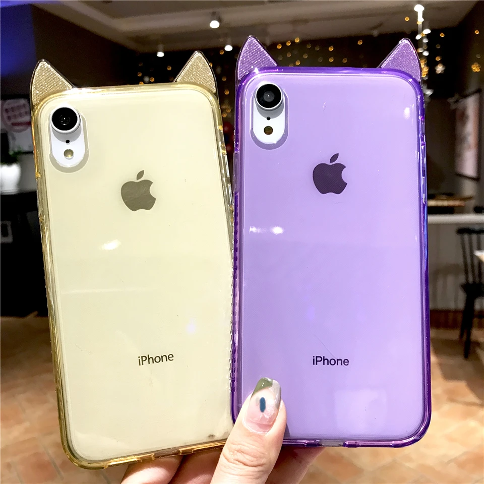 For iphone XS MAX Glitter Cover Cut Cartoon Cat Ears Diamond Texture Silicone Case Bling XR 6 6s 7 8 X Plus Phone Cases |